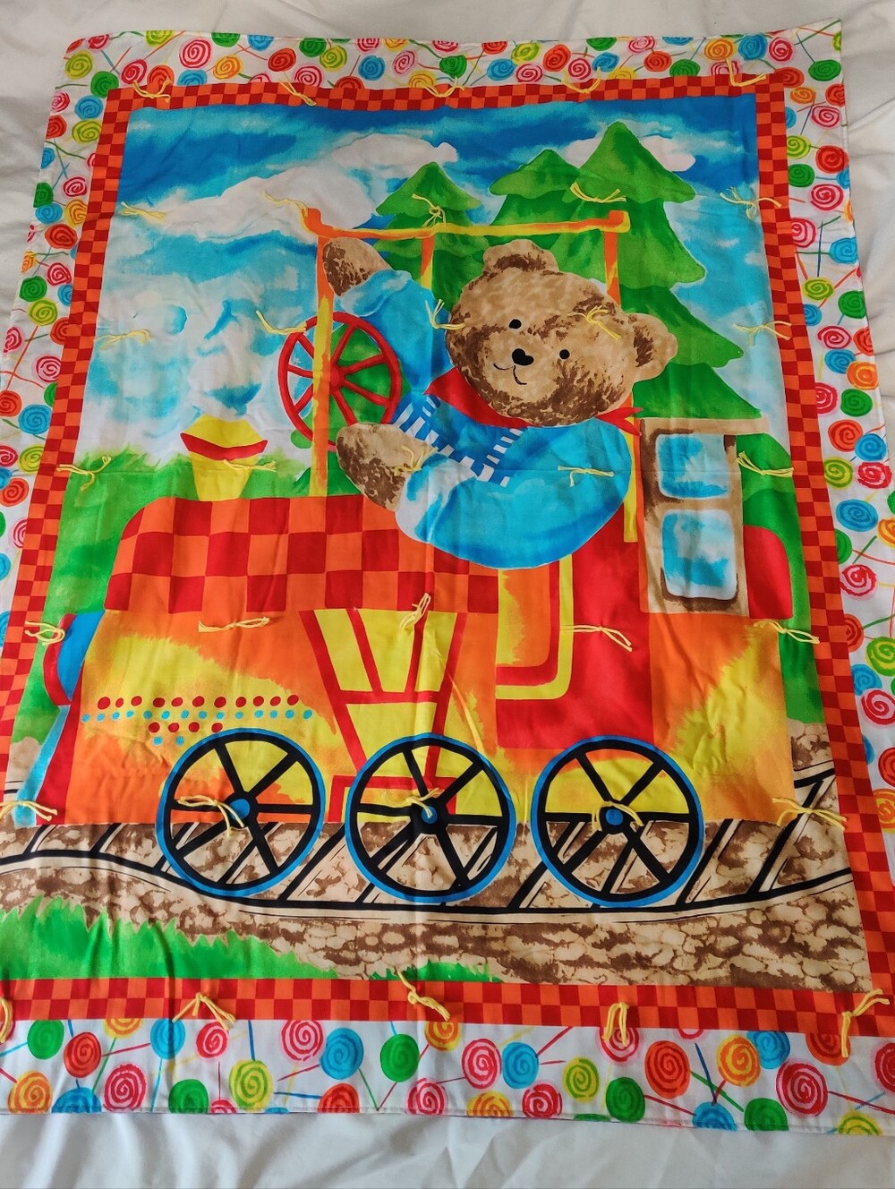 Handmade Vintage Baby Boy Blanket Teddy Bear Train Nursery Quilt Tie Dye Colors